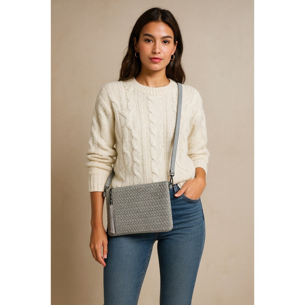 Italian Woven Leather Crossbody Clutch Gray Tassel Purse Minimalist